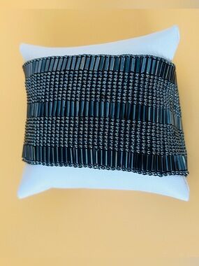 Wide Black seed bead cuff bracelet handmade